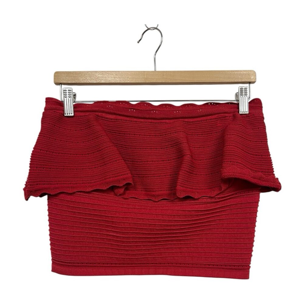 By Anthropologie Red Ruffle Crop Top Size L Large Strapless